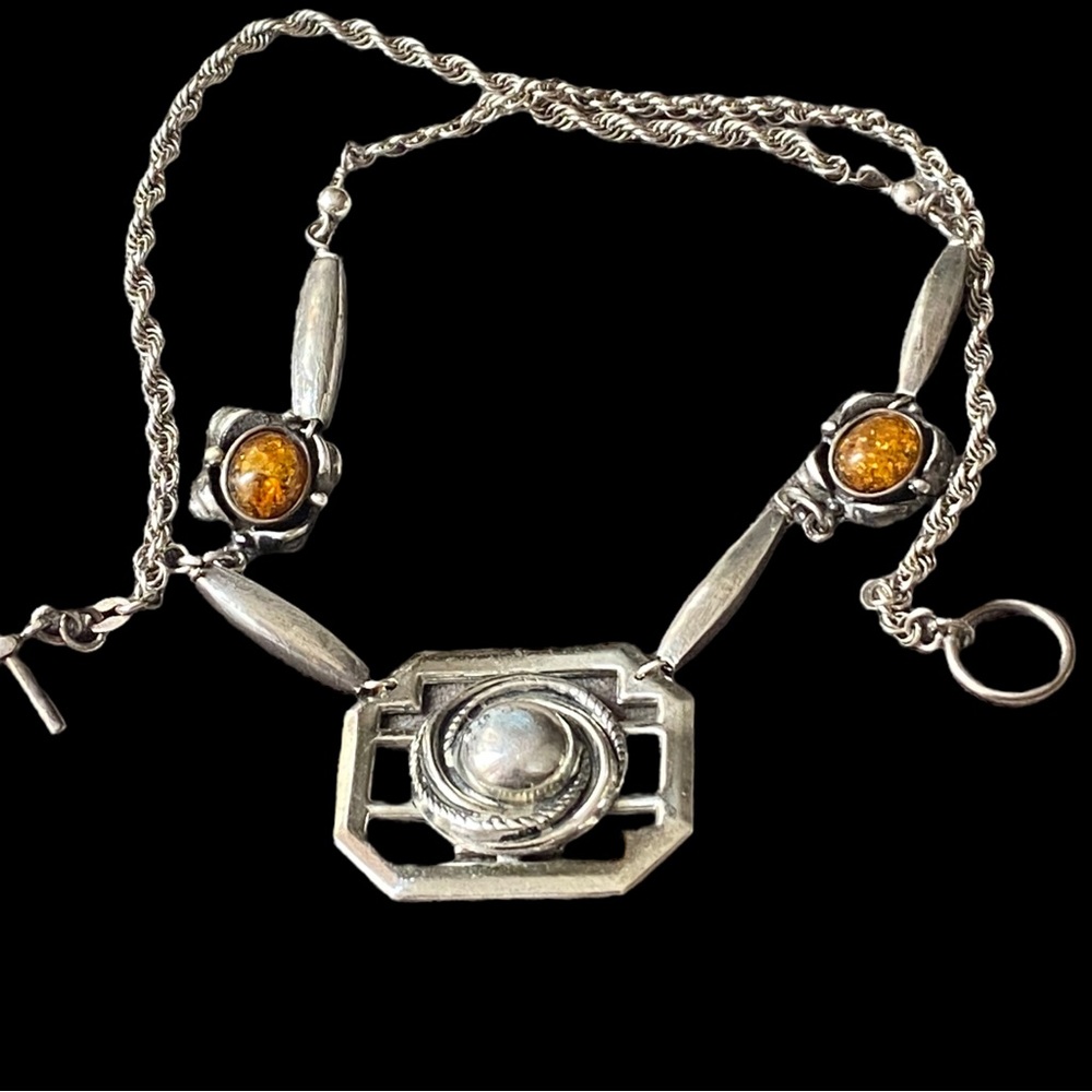 Vintage Art Deco Sterling Silver Amber Necklace